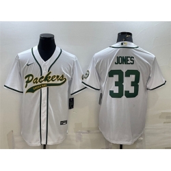 Men Green Bay Packers 33 Aaron Jones White With Patch Cool Base Stitched Baseball Jersey