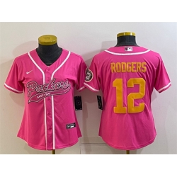 Women Green Bay Packers 12 Aaron Rodgers Pink Gold With Patch Cool Base Stitched Baseball Jersey