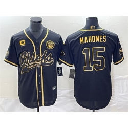 Men Kansas City Chiefs 15 Patrick Mahomes Black Gold With 4 Star C Patch Cool Bae Stitched Baseball Jersey
