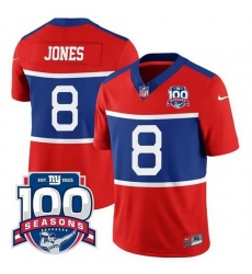 Men New York Giants 8 Daniel Jones Century Red 100TH Season Commemorative Patch Limited Stitched Football Jersey