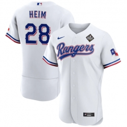 Men Texas Rangers 28 Jonah Heim White 2023 World Series Flex Base Stitched Baseball Jersey