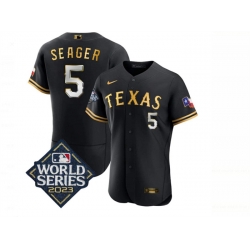 Men Texas Rangers 5 Corey Seager Black Gold 2023 World Series Flex Base Stitched Baseball Jersey