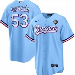 Men Texas Rangers 53 Adolis Garc EDa Blue 2023 World Series Cool Base Stitched Baseball Jersey