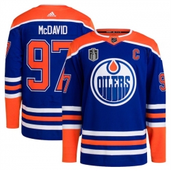 Men Edmonton Oilers 97 Connor McDavid Royal 2024 Stanley Cup Final Patch Stitched Jersey