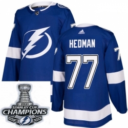 Men Adidas Tampa Bay Lightning 77 Victor Hedman Premier Royal Blue Home NHL Stitched 2021 Stanley Cup Champions Patch Jersey