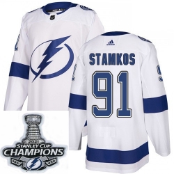 Men Adidas Tampa Bay Lightning 91 Steven Stamkos Authentic White Home NHL Stitched 2021 Stanley Cup Champions Patch Jersey